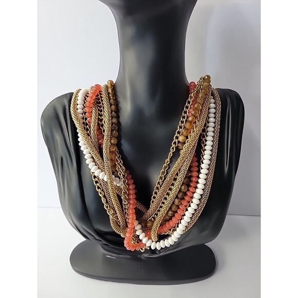 Vintage NY Necklace Multi Strand Beaded Chain Gold Tone Red Gold Twisted - Picture 4 of 14